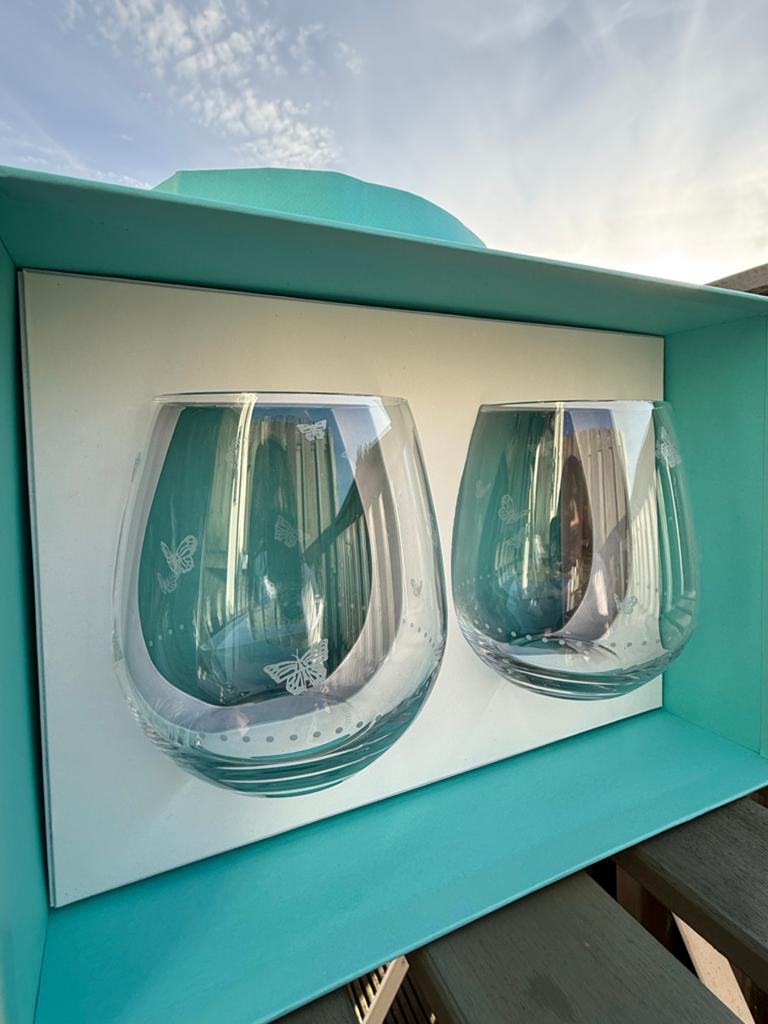 Tiffany & Co. "Butterflies" Stemless Rode Wijnglazen- NEW, Ophalen, Nieuw, Overige kleuren, Glas