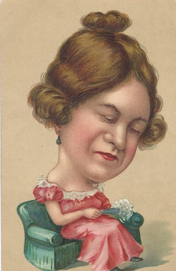 Antieke Karikatuur Ansichtkaart - Vrouw in Roze Jurk, Ophalen of Verzenden, Voor 1920, Gelopen, Overige thema's