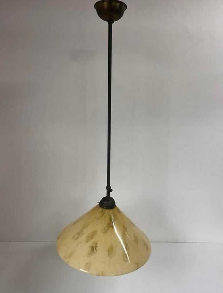 Grote hanglamp met gemarmerde kap Ø 40 cm + koperen pendule, Art deco, Ophalen of Verzenden, Zo goed als nieuw, Glas