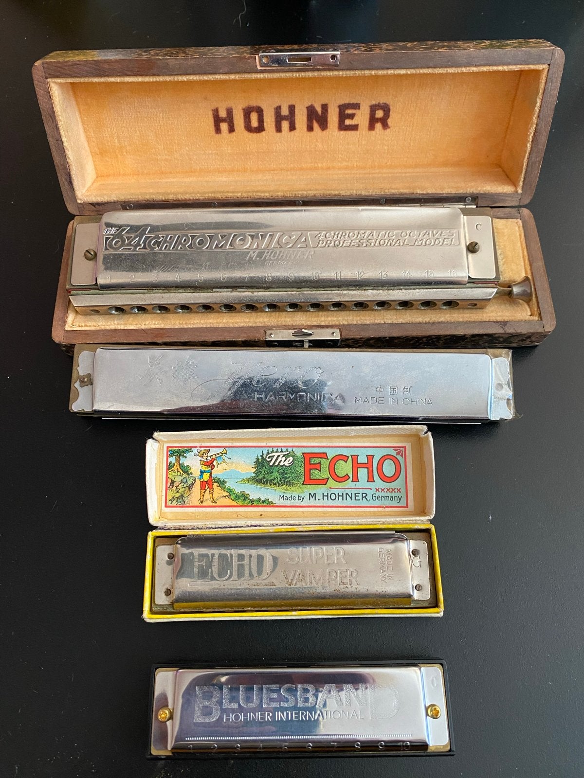 Set van 4 mondharmonica’s, Gebruikt, Overige typen, Ophalen of Verzenden, Met koffer of doosje