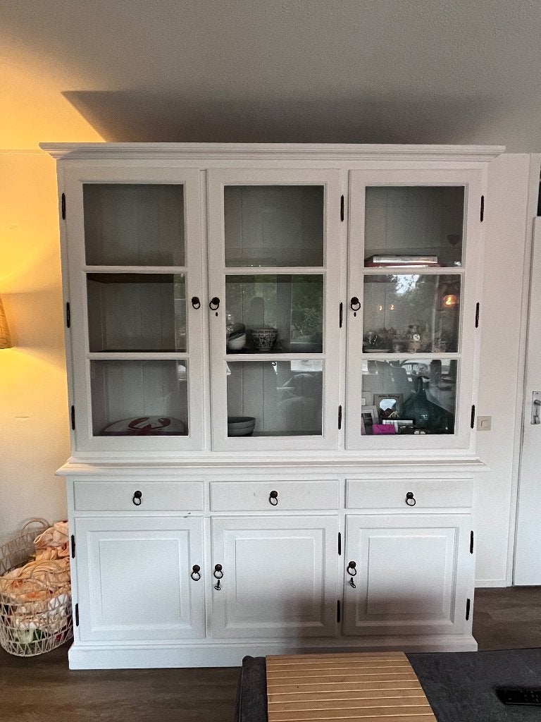 Witte grenen buffetkast/vitrinekast - 182 x 50 x 220,5 cm, Ophalen, Gebruikt, 200 cm of meer, 150 tot 200 cm