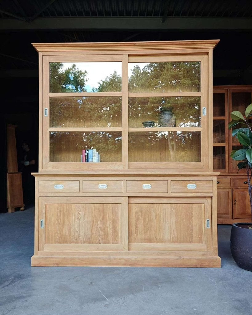 Nette teakhouten vitrinekast | Servieskast, buffetkast #7136, Gebruikt, -, 200 cm of meer, -