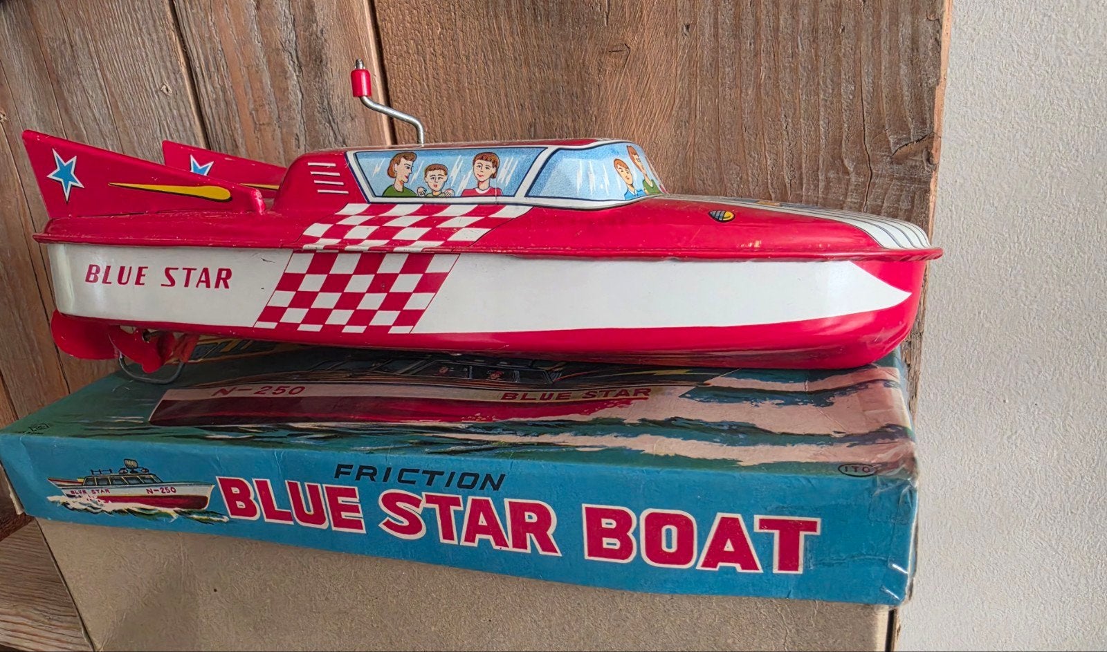 Vintage Friction Blue Star Boat N-250 - Blikken Speedboot, Ophalen of Verzenden