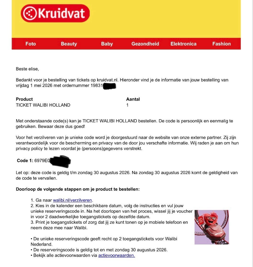 Walibi voucher 1+1 - nog op datum zetten, Twee personen, Ticket of Toegangskaart