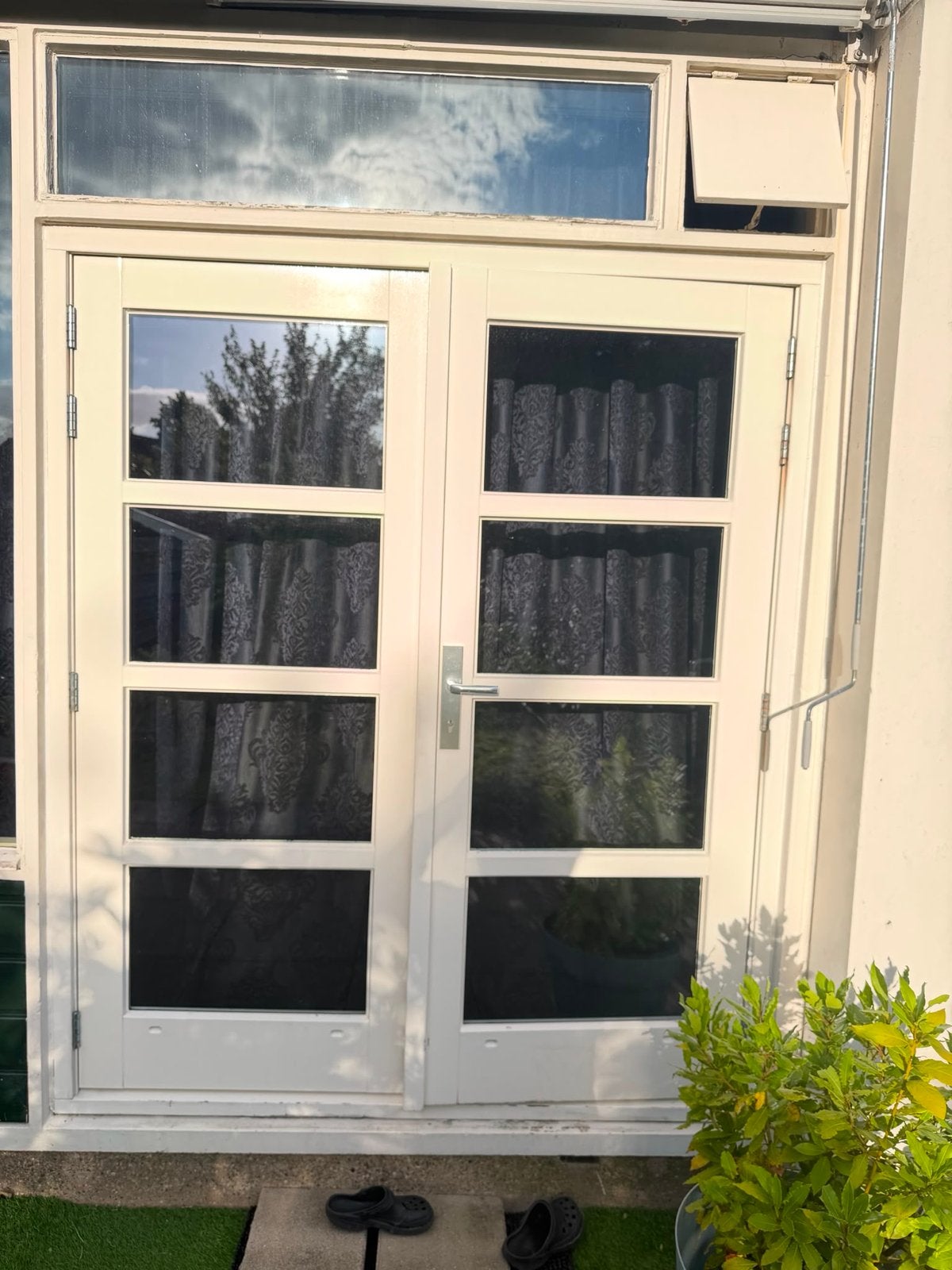Dubbele tuindeuren met glas en bovenlicht, Doe-het-zelf en Verbouw, Deuren en Horren, Gebruikt, 120 cm of meer, Ophalen of Verzenden