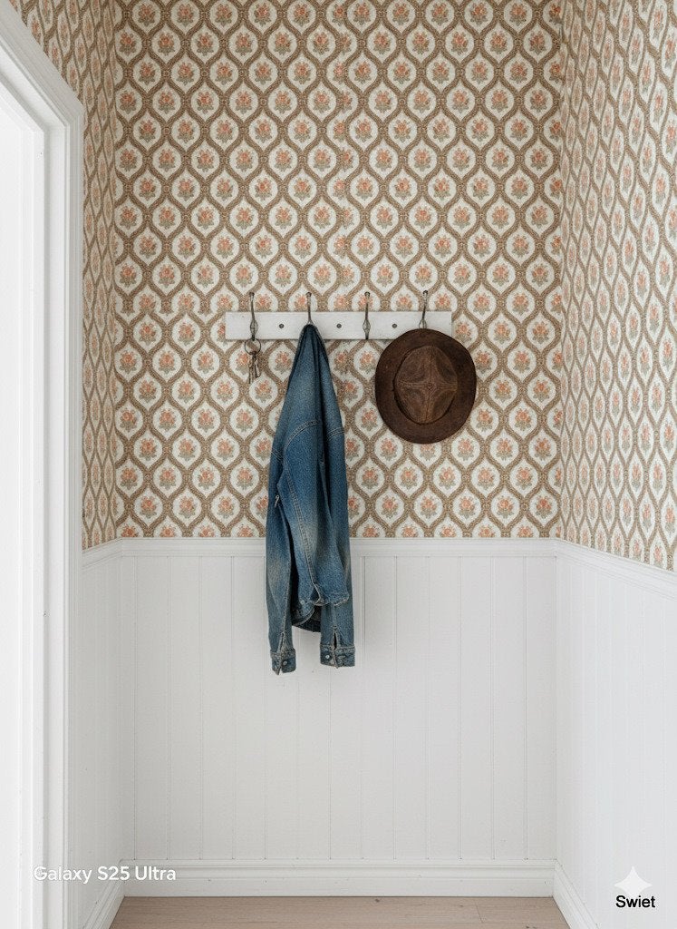 14125 vintage rozen vintage wallpaper oranje groen swiet, Ophalen of Verzenden, Bruin