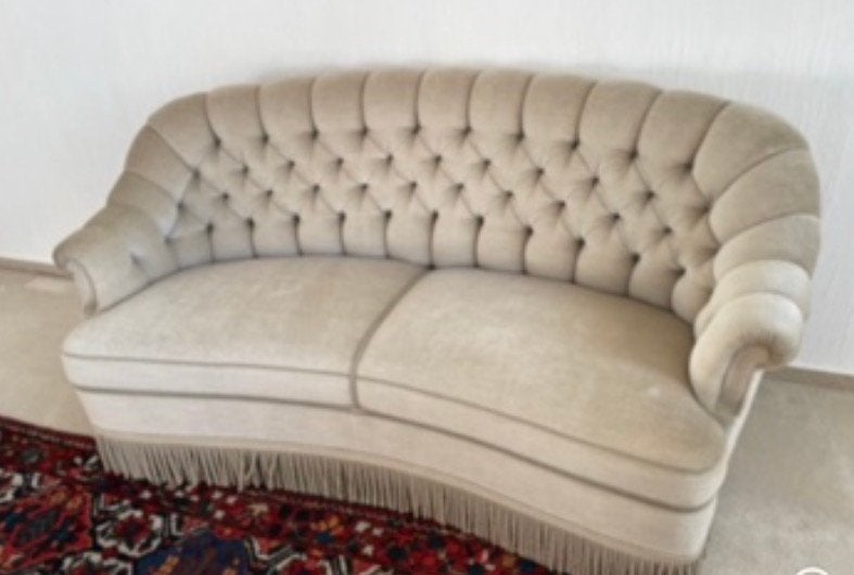 Vintage bankstel bank fauteuil  franjes boudoir velvet barok, Antiek en Kunst, Antiek | Meubels | Stoelen en Banken, Ophalen of Verzenden
