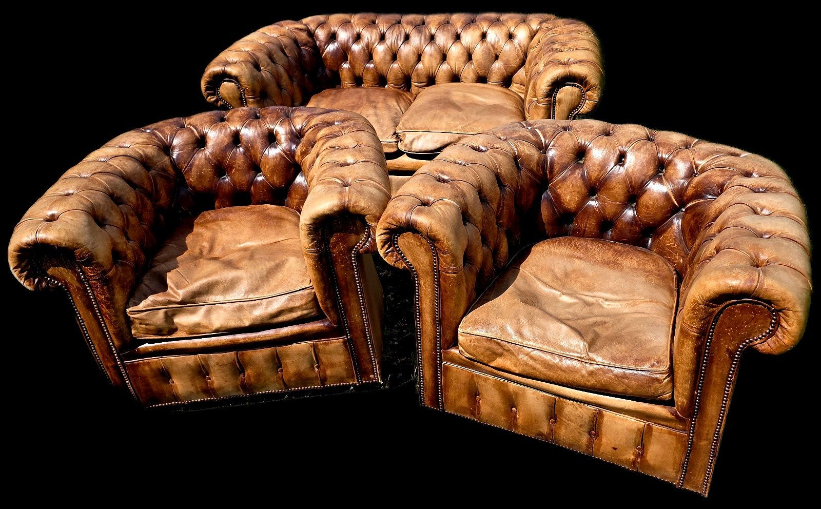 Chesterfield leren bankstel - 2 fauteuils en 1 tweezitter, Ophalen of Verzenden