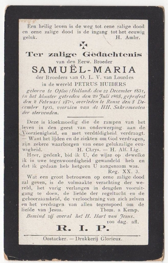 Broeder Petrus Huibers 1831 Oploo (Ned) + 1905 Ronse (B), Verzamelen, Ophalen of Verzenden