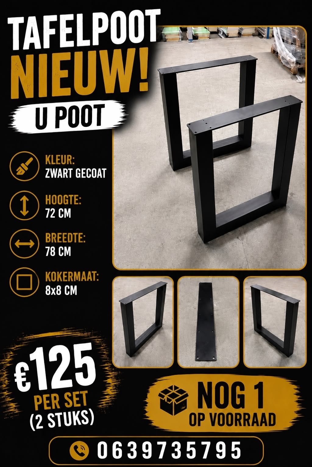 Nieuwe U-poot tafelpoten - Zwart gecoat (set van 2)