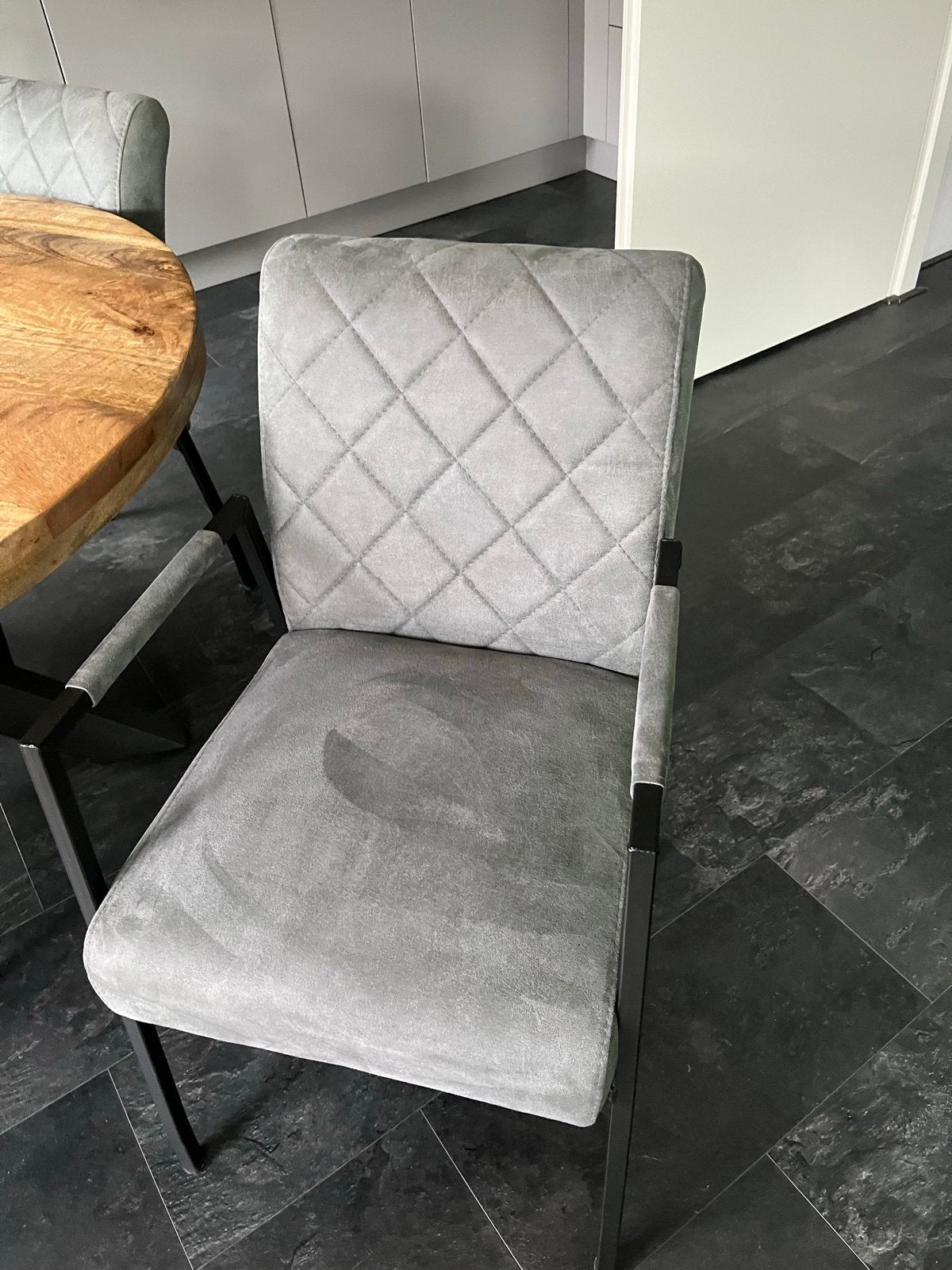 Set van 4 grijze eetkamerstoelen met armleuningen, Ophalen, Gebruikt, Vier, Stof