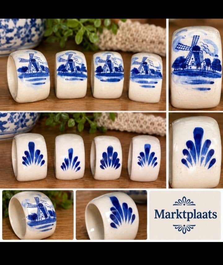 Vintage Delfts Blauw Keramische Servetringen (4 stuks), Ophalen of Verzenden