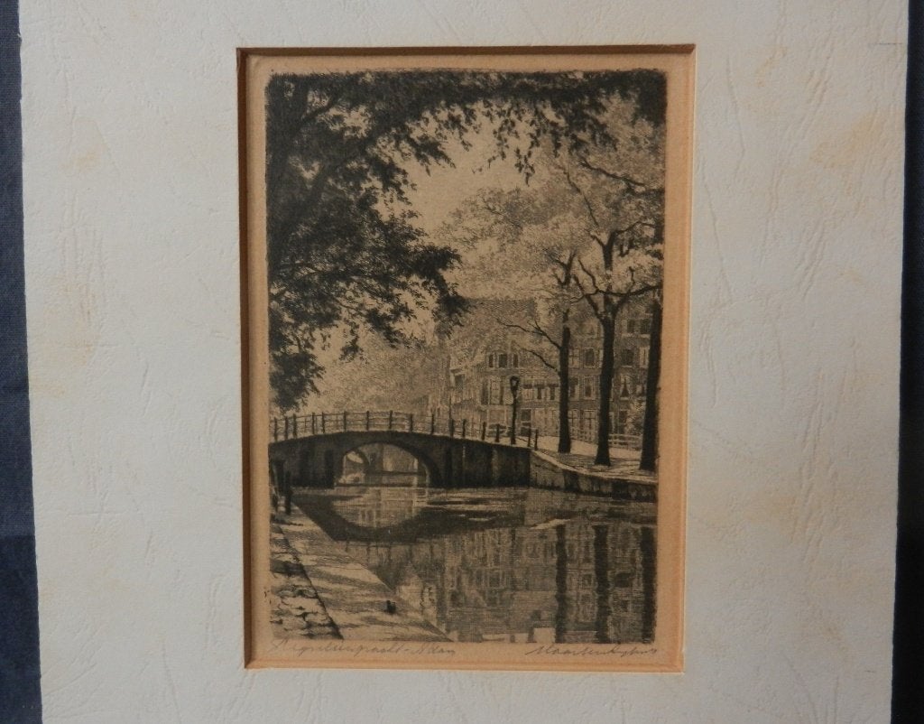 Leuke ets Reguliersgracht Amsterdam M. Langbroek 12,1x8,5 cm, Stadsgezicht, Ophalen of Verzenden, 12 cm, 9 cm