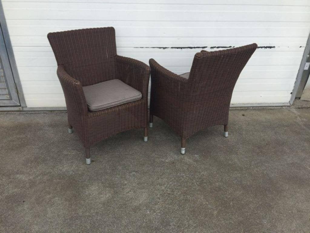 8 stuks gebruikte horeca terrasstoel fauteuils donker bruin, Ophalen, Gebruikt, Bruin, Kunststof