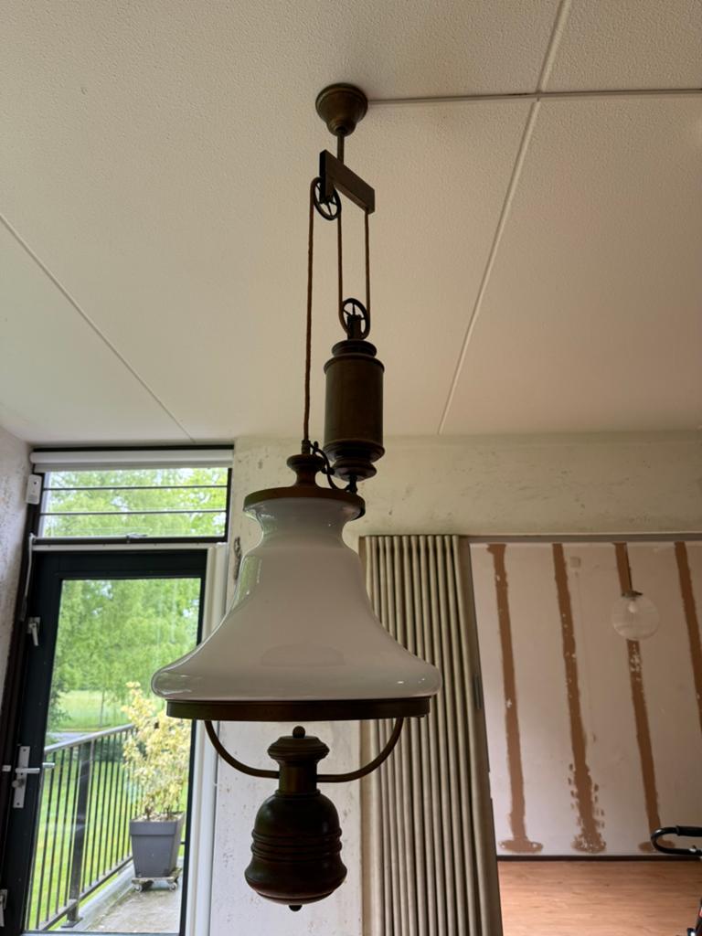 Vintage Katrol Hanglamp met Melkglas Kap, Antiek en Kunst, Ophalen of Verzenden