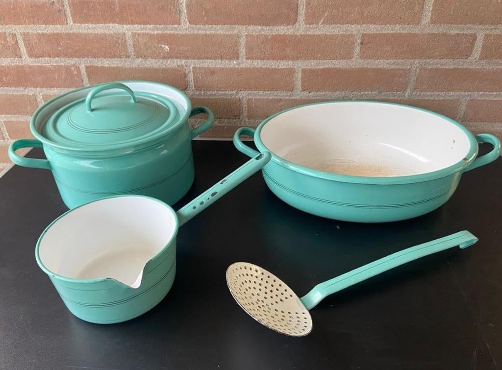 Vintage Emaille Set Pan Spaan Mint Groen, Antiek en Kunst, Antiek | Emaille, Verzenden