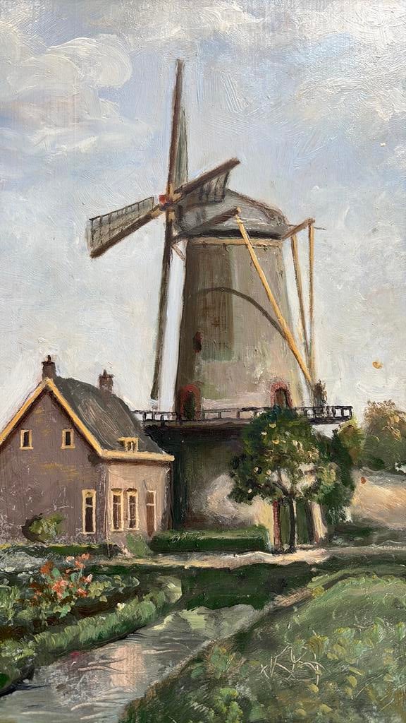 Schilderij v d korenmolen  in Charlois Cora van Wulp, Ophalen of Verzenden, Zo goed als nieuw, Rechthoekig