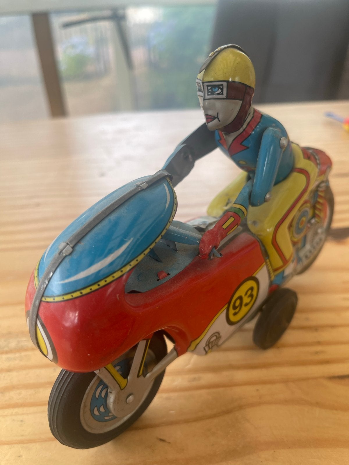 Vintage blikken speelgoedmotor met coureur - Jaren '60, Ophalen of Verzenden, Gebruikt