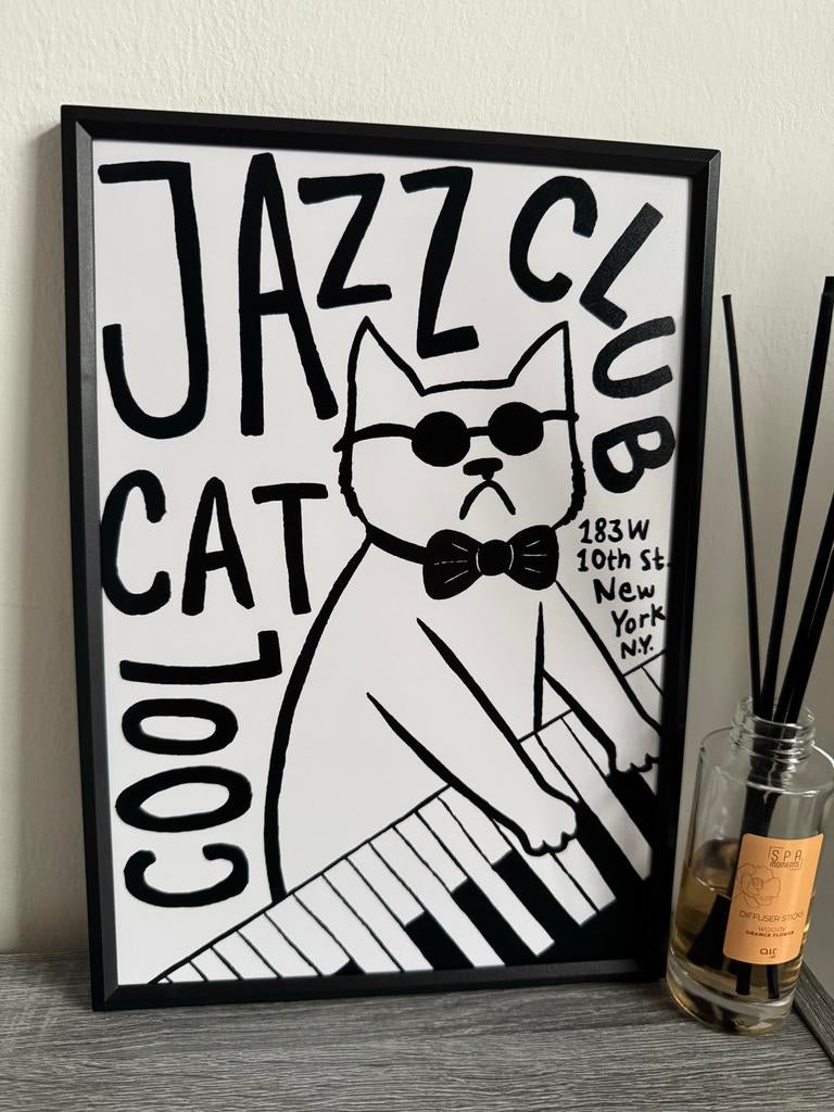 Jazz Club Poster Ingelijst 21x30cm, Ophalen of Verzenden, Gebruikt, Foto of Poster