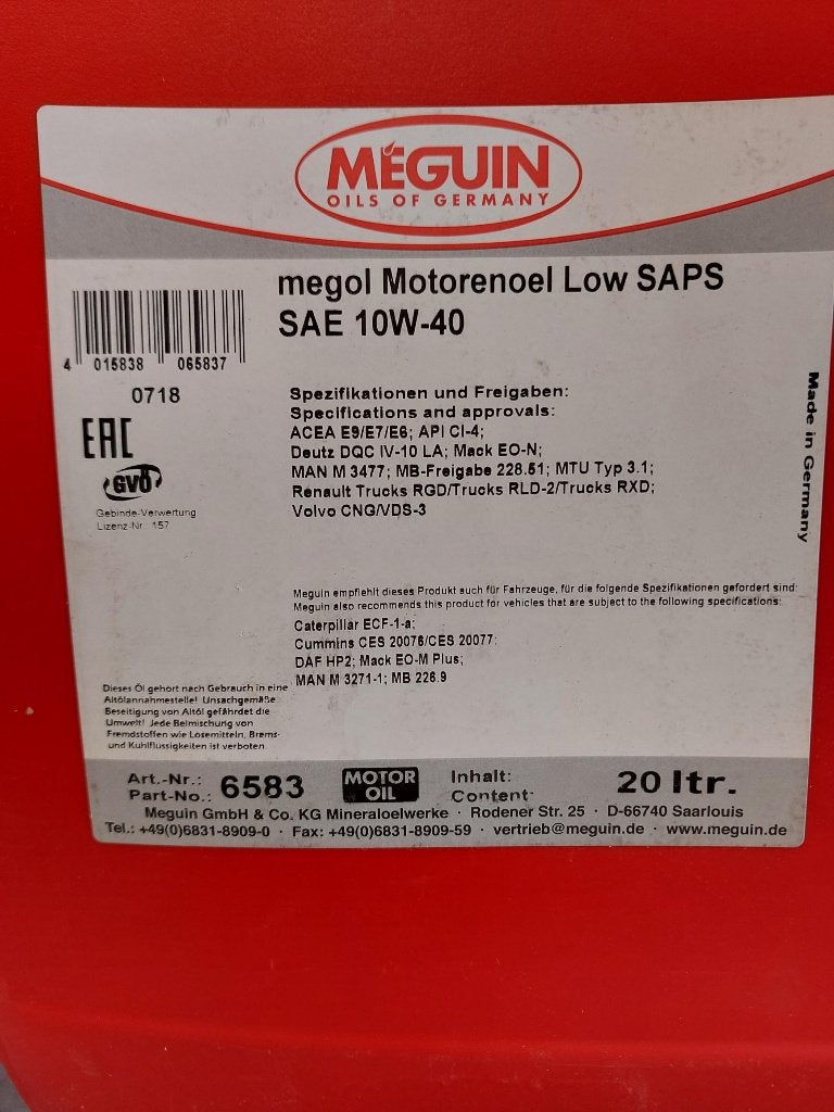 Meguin Motorolie Low SAPS SAE 10W-40 - 20 liter jerrycan, Ophalen