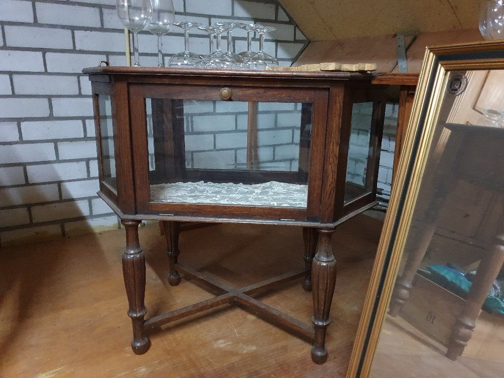 Antiek eiken Theekastje, met geslepen glas en los dienblad, Antiek en Kunst, Ophalen