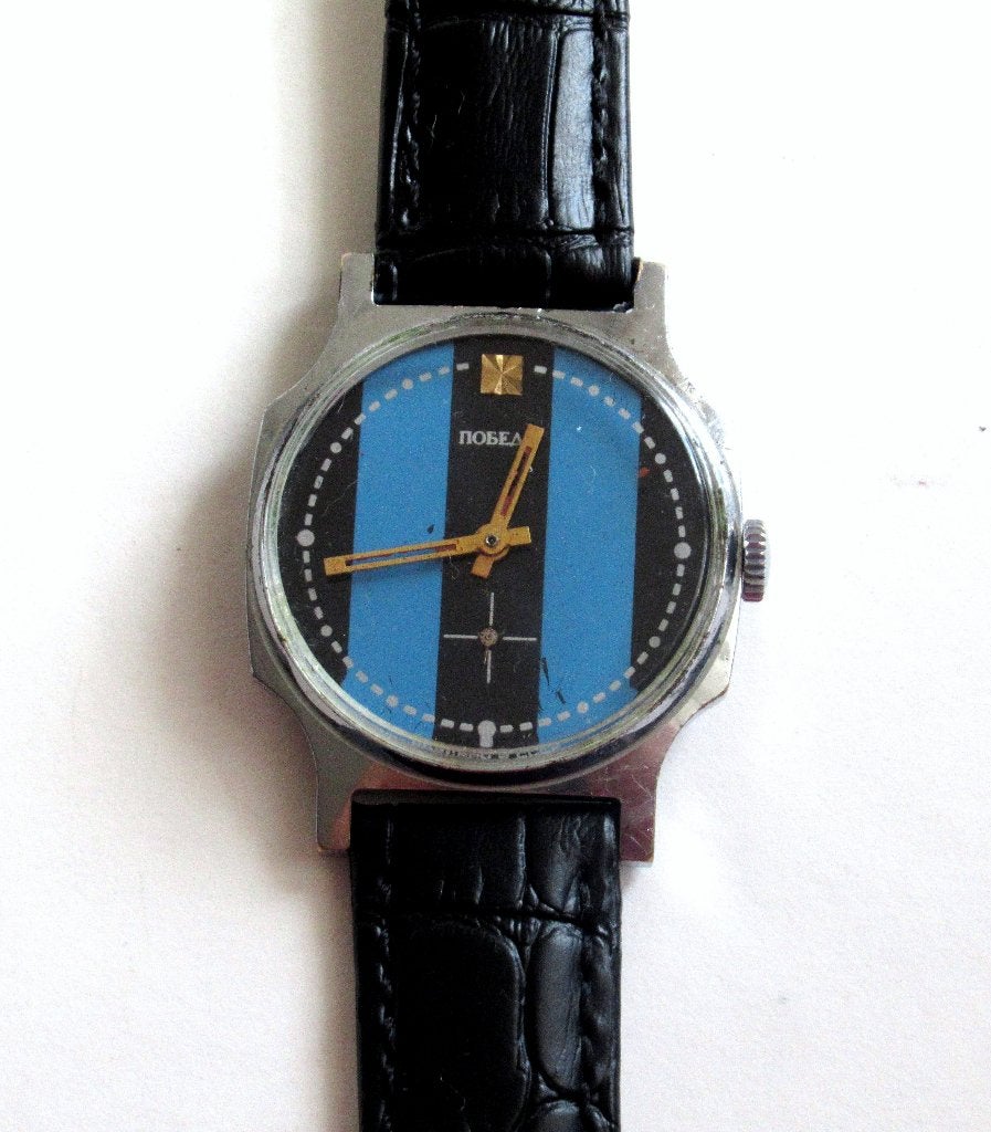 POBEDA vintage Inter Milan mechanisch herenhorloge van '80, Ophalen of Verzenden, Staal, Overige merken, 1960 of later