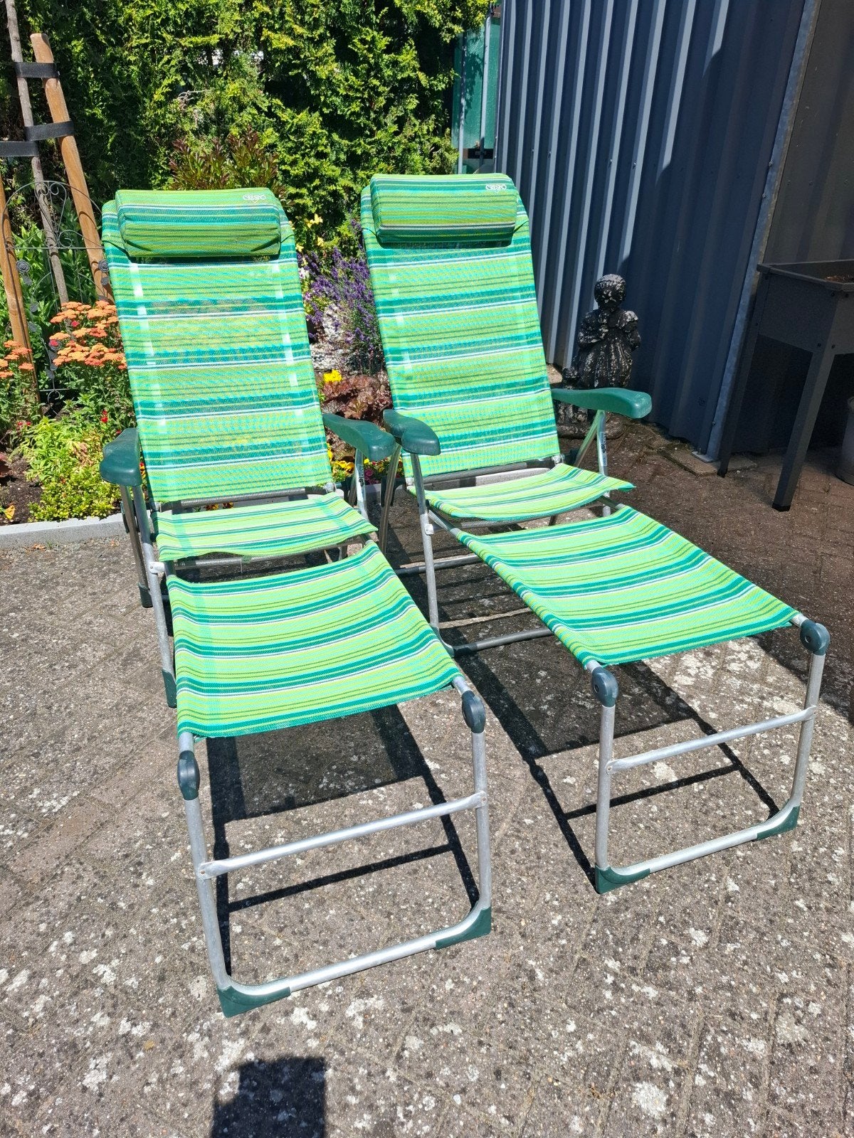 Crespo Ligbedden - Set van 2 - Groen gestreept, Tuin en Terras, Ligbedden, Ophalen, Gebruikt, Aluminium, Verstelbaar