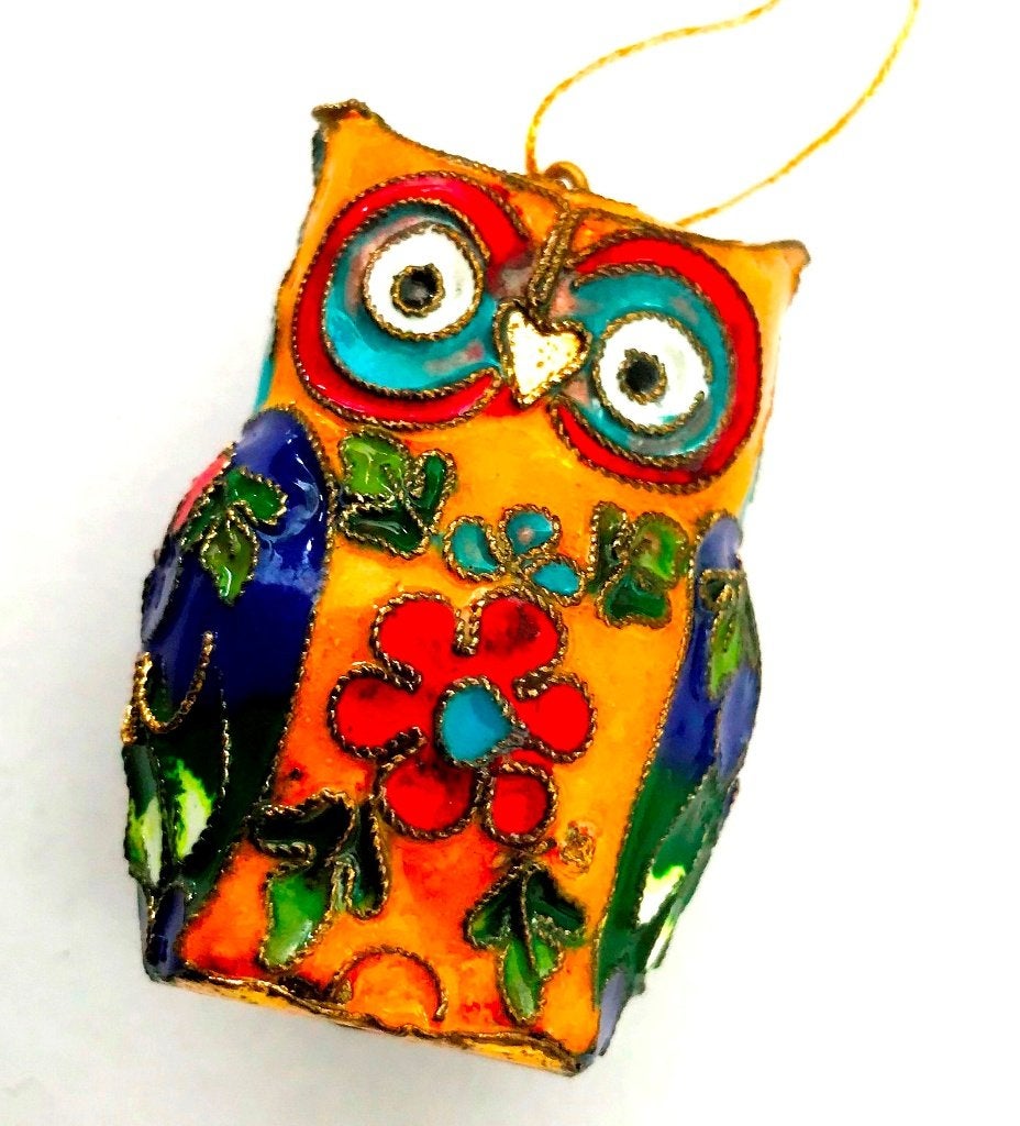 Vintage Prachtige uil cloisonné ketting hanger verguld email, Verzenden, Zo goed als nieuw, Goud, Overige materialen