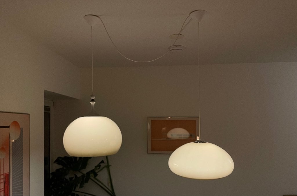 Vintage jaren 70 hanglampen – Dijkstra stijl – retro design, Ophalen, Kunststof, Gebruikt, E27 (groot)