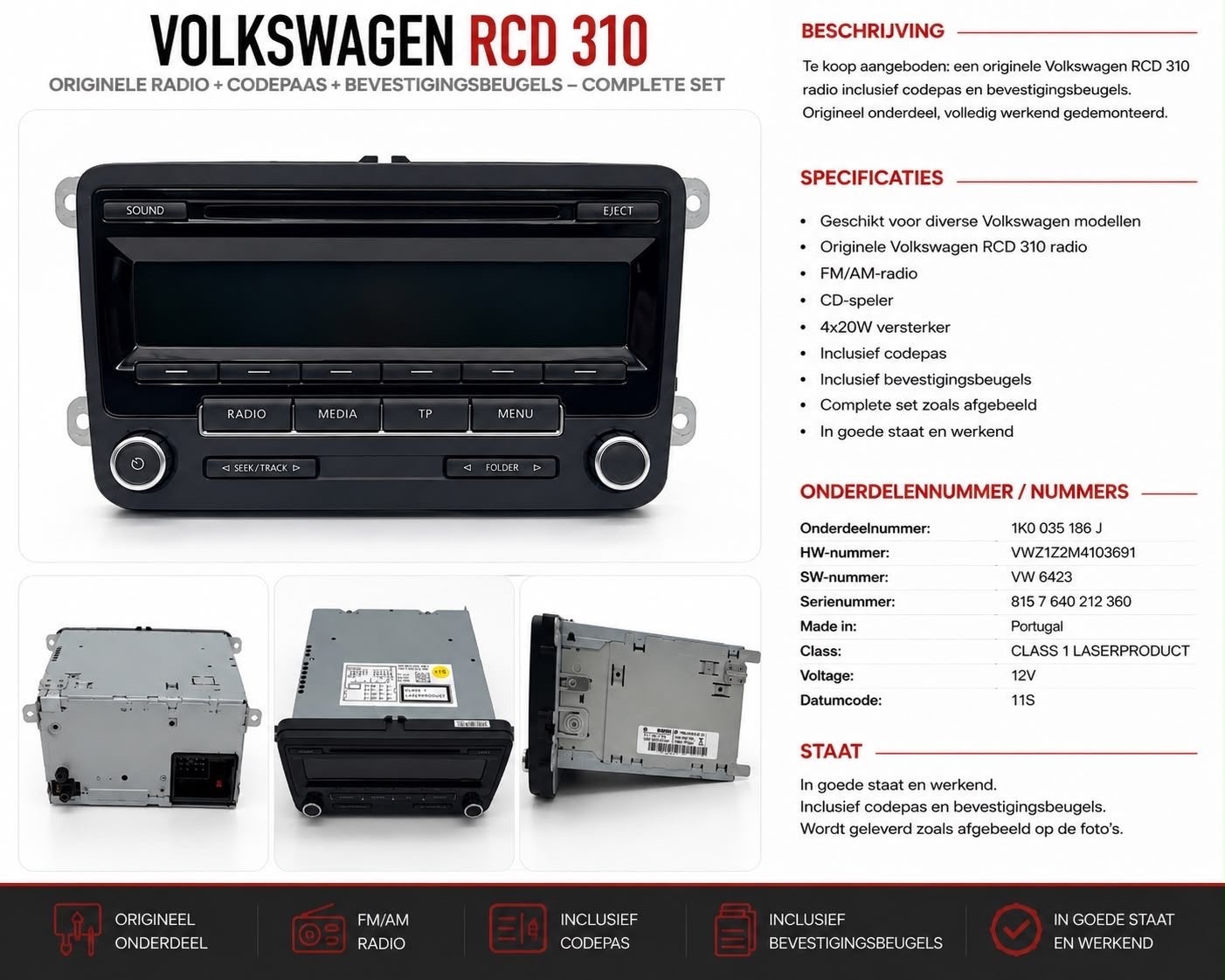 Originele Volkswagen RCD310 Autoradio - Nette Staat, Ophalen of Verzenden, Gebruikt