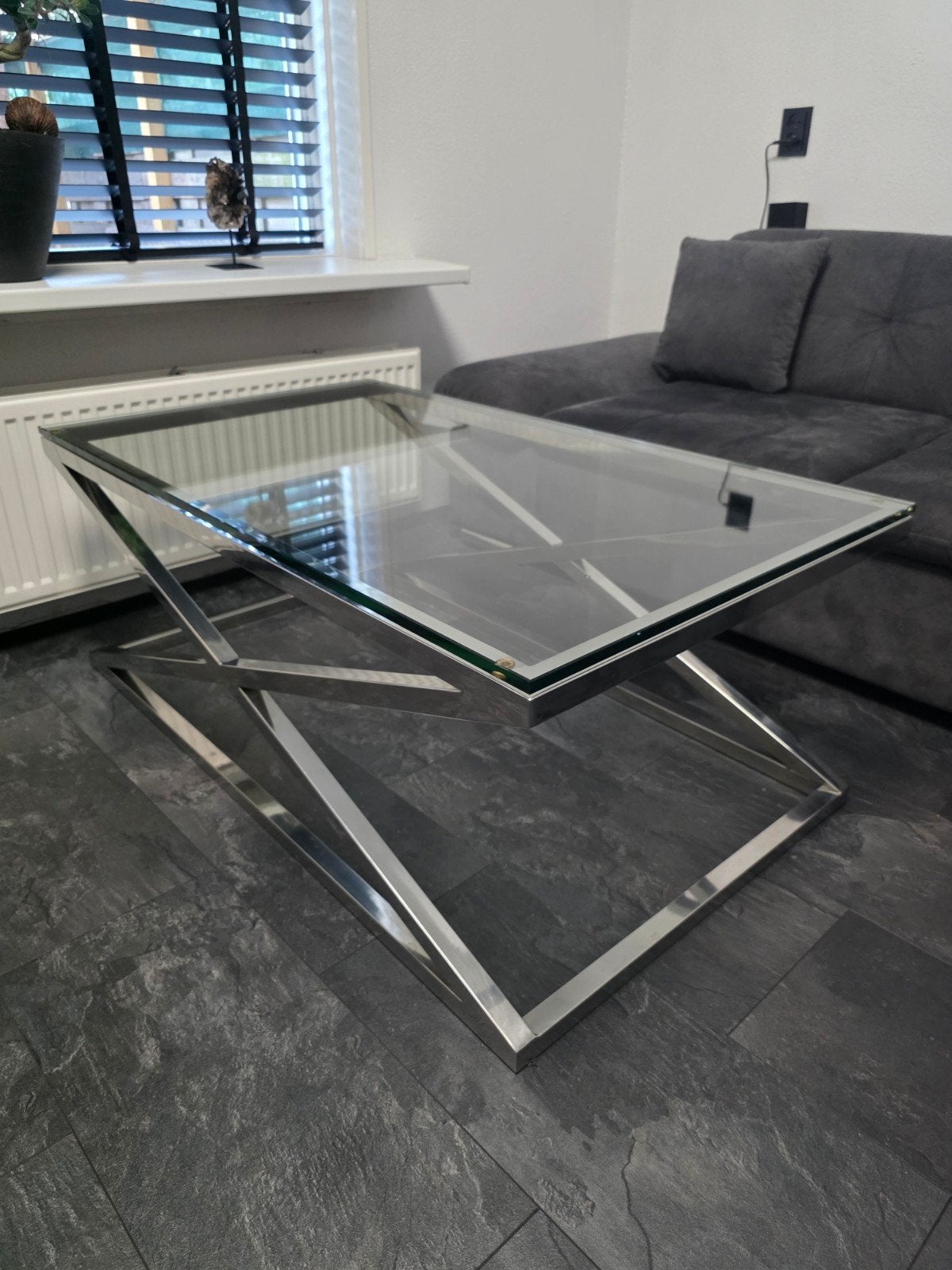 Moderne salontafel met glazen blad eric kuster style, Gebruikt, 100 tot 150 cm, Modern, Industrieel, Glas