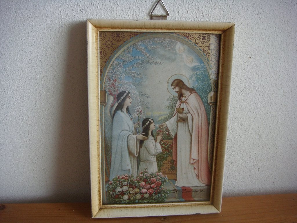 Ouderwets lijstje met religieuze prent achter glas, Ophalen of Verzenden, Zo goed als nieuw, Kaart of Prent, Christendom | Katholiek