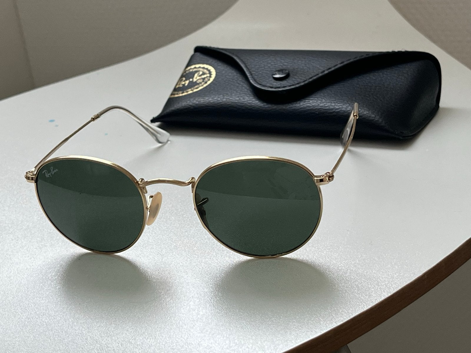 Ray-Ban Round Metal Zonnebril RB3447 Goud Groen, Zonnebril, Ophalen of Verzenden, Zo goed als nieuw, Ray-Ban