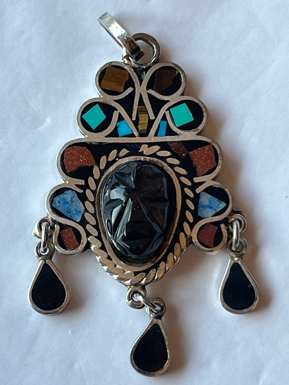 Bijzondere zilveren hanger Masker Mexico Mechoen 8 cm, Verzenden, Zo goed als nieuw, Met edelsteen, Zilver