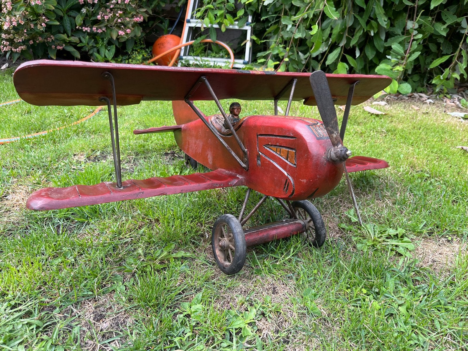 Vintage Rood Houten Biplane Vliegtuig Decoratie, Ophalen, Gebruikt