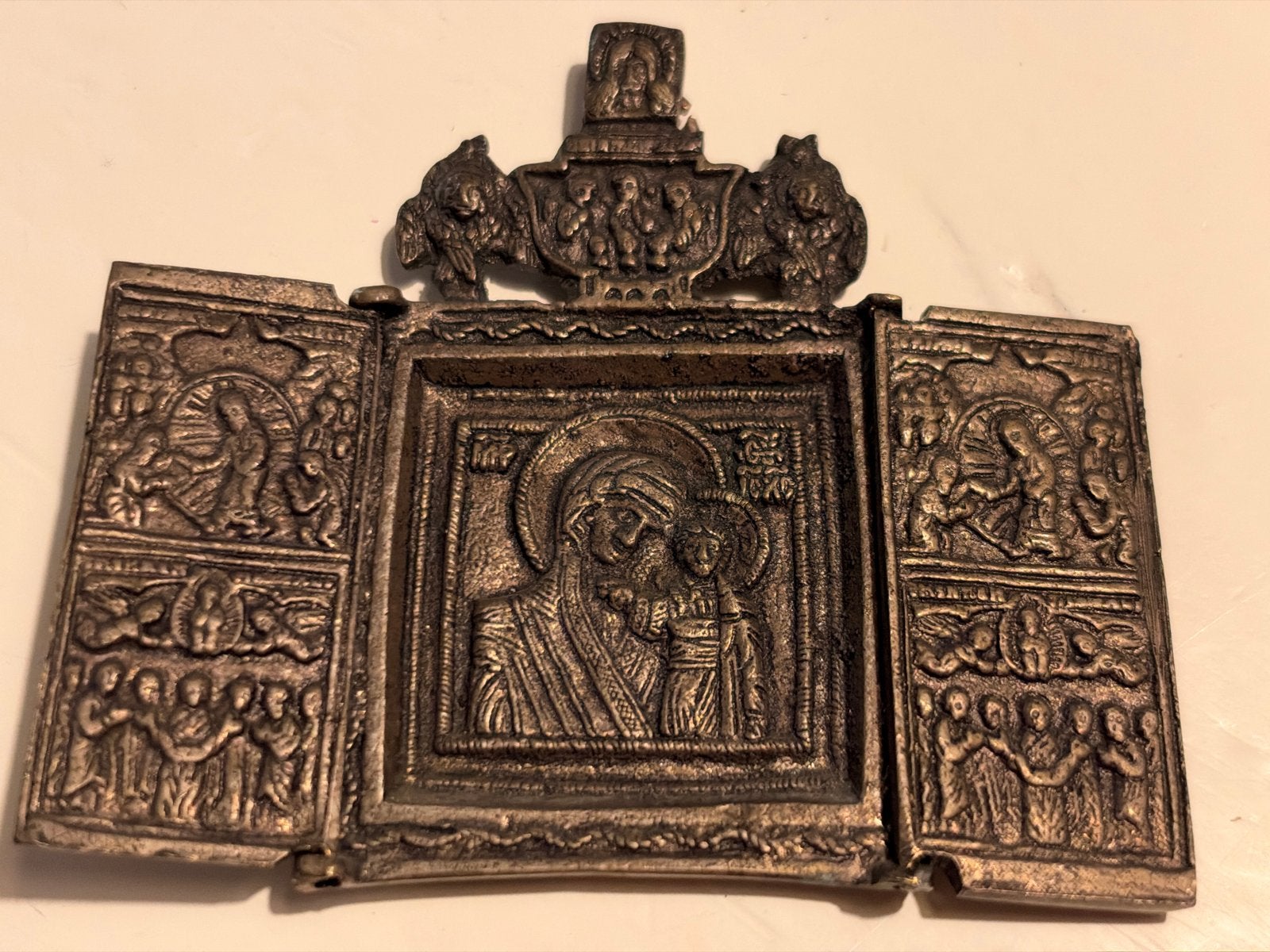 Russisch Reisicoon Drieluik Brons - Moeder Gods van Kazan, Antiek en Kunst, Ophalen of Verzenden