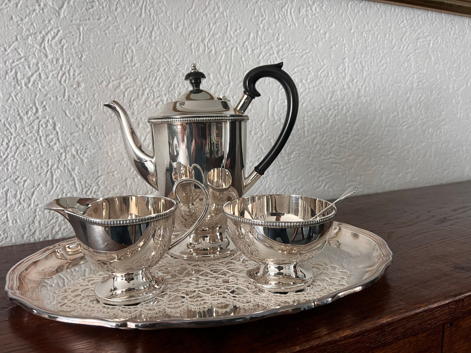 Vintage Keltum EPNS Koffie/Theeservies met Dienblad, Antiek en Kunst, Ophalen of Verzenden, Zilver