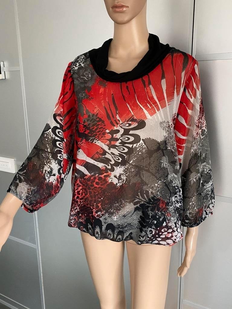 F113 LIV: maat 44=L: blouse tuniek top rood/zwart/grijs, Kleding | Dames, Maat 42/44 (L), Ophalen of Verzenden, Zo goed als nieuw