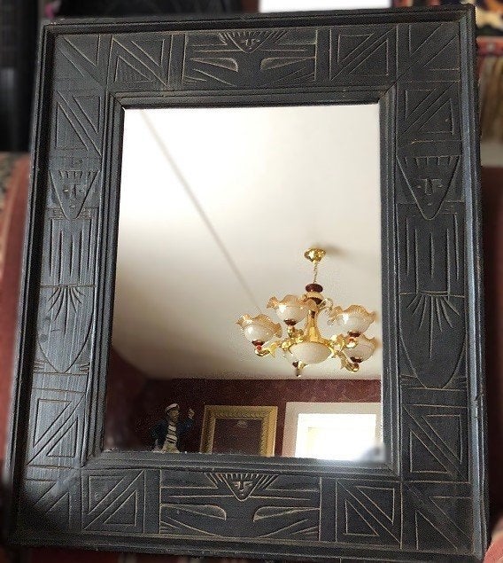 Afrikaanse spiegel vintage hout zwarte lijst, Gebruikt, Ophalen of Verzenden, Minder dan 100 cm, Rechthoekig