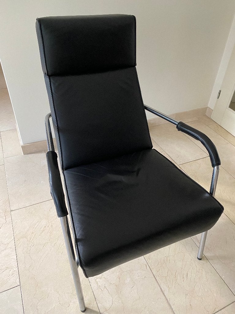 Set van 2 Topform fauteuils: leer en stof, RVS onderstel, Huis en Inrichting, Fauteuils, Leer, 75 tot 100 cm, Ophalen of Verzenden