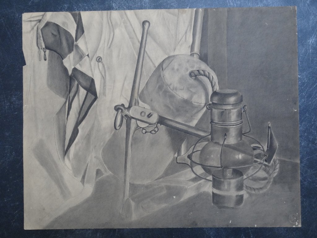 tekening stilleven van anker scheepsartikelen J. Lipjes 1915, Verzenden, Tekening, Houtskooltekening, Origineel