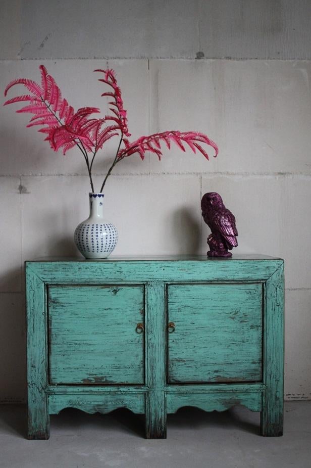 Unieke Kast Vintage Turquoise Chinees Gekleurd Dressoir Hout, Met deur(en), 100 tot 150 cm, Nieuw, Ophalen of Verzenden