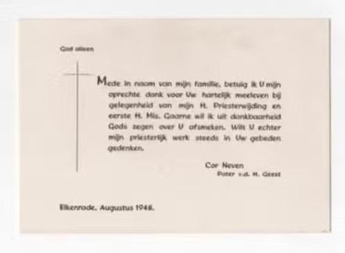 Bedankkaart Elkenrade Pater Cor Neven 1948., Ophalen of Verzenden, Zo goed als nieuw