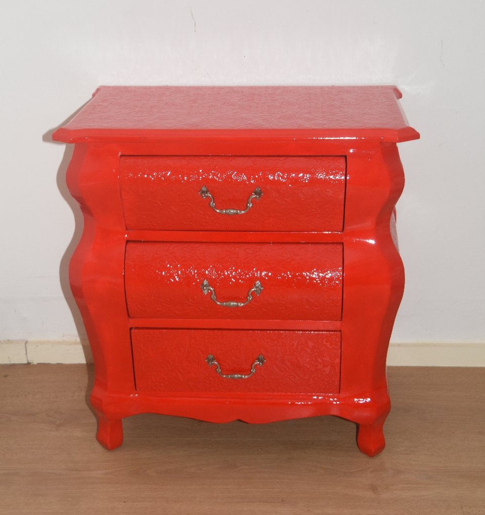 Brocante rood ladekast buikkastje met brokaat reliëf motief, Huis en Inrichting, Kasten | Ladekasten, Ophalen, Gebruikt, 50 tot 100 cm
