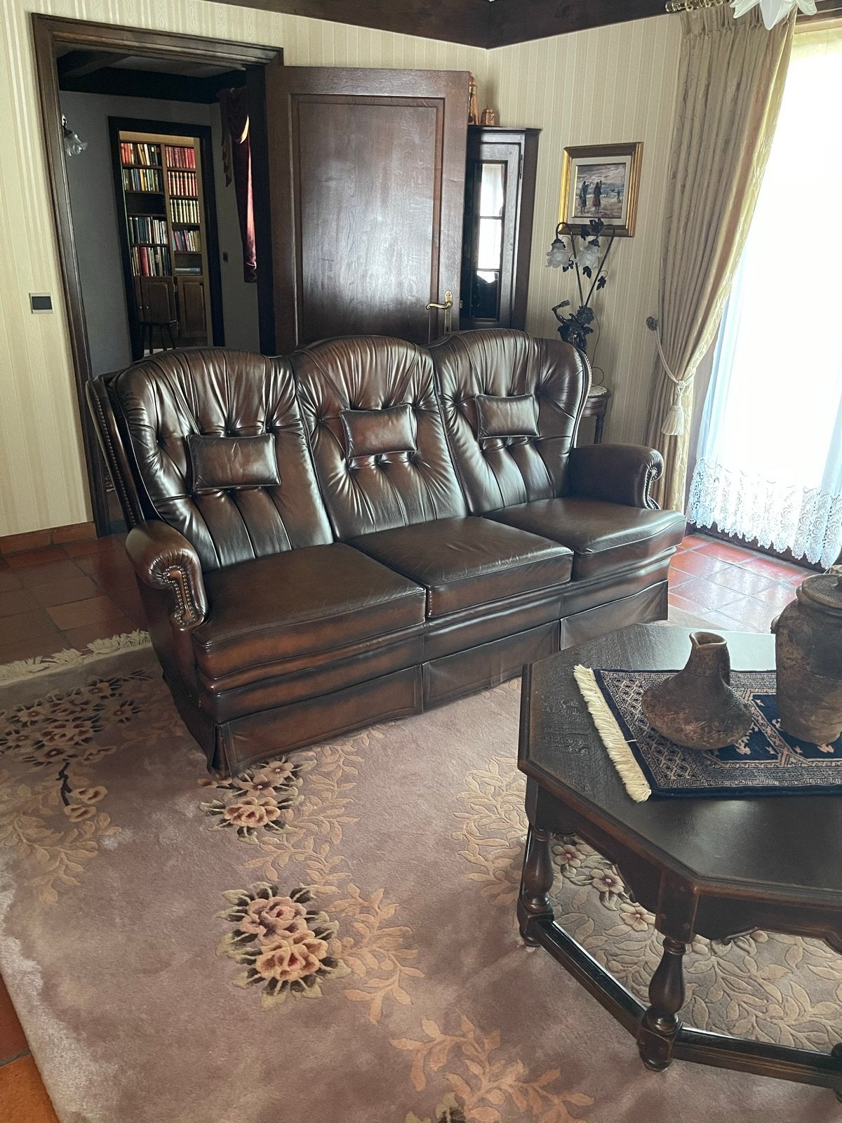 Lederen Chesterfield bank en fauteuils, Ophalen, Gebruikt, Leer