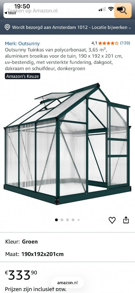 Outsunny tuinkas, Tuin en Terras, Kassen, Ophalen, Glas, Nieuw, Aluminium