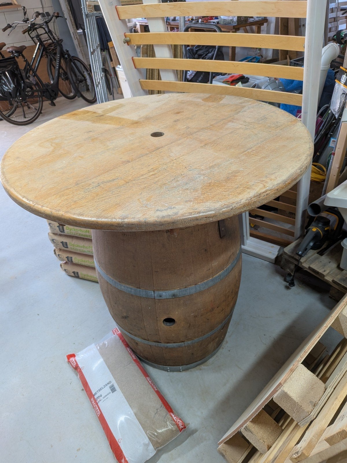 Houten bartafel- statafel van wijnvat met opbergruimte, Ophalen, Gebruikt, 50 tot 100 cm, Rond