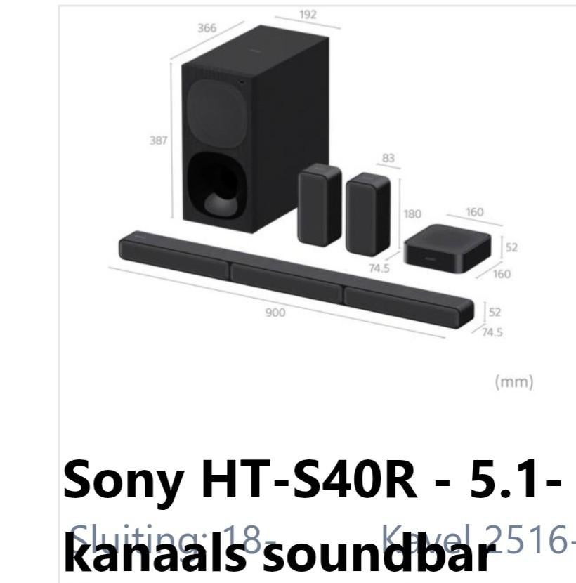 Sony HT-S40R 5.1-kanaals Home Cinema Systeem Soundbar, Ophalen, 70 watt of meer, Nieuw, 5.1-systeem