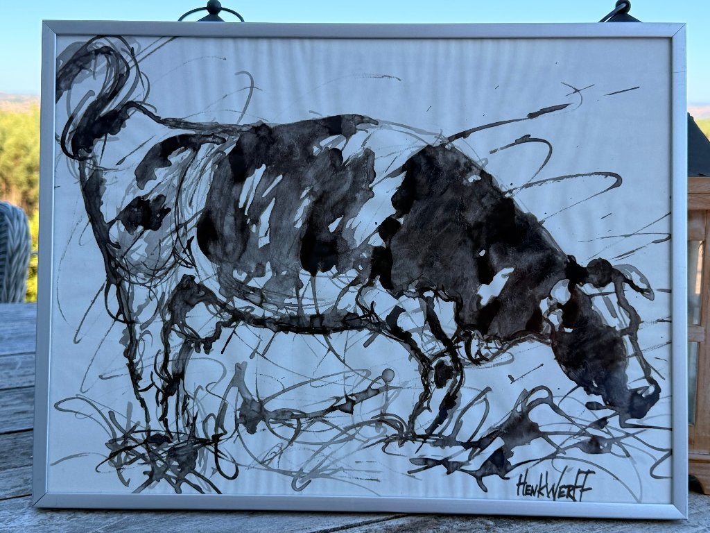 Origineel kunstwerk Henk Werff - Koeien (30x40 cm) met lijst, Verzenden, Papier/karton, Gesigneerd, Dieren