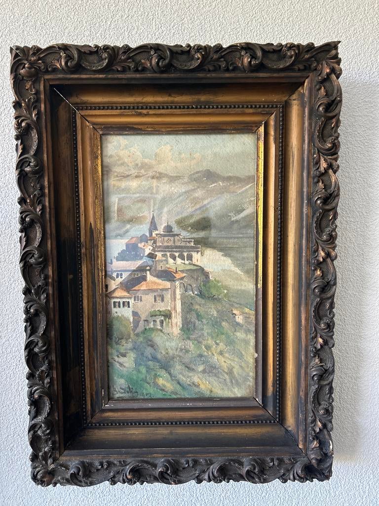 Oud schilderij van een berglandschap met dorp, Antiek en Kunst, Ophalen of Verzenden